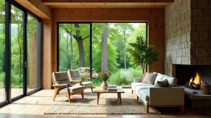 Fototapeta premium Serene Living Room Design with Expansive Forest Views and a Cozy Fireplace