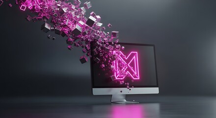Modern computer screen emitting a stream of glowing pink digital data and abstract shapes