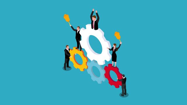 businessmen and businesswoman working together to connect giant gears with duster and money bag 3d animation cartoon