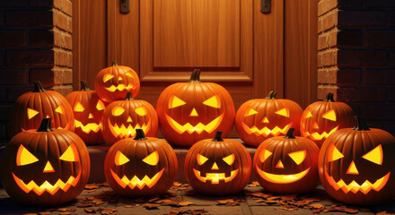 Obraz premium A collection of glowing carved halloween pumpkins with spooky faces displayed on a wooden porch at night