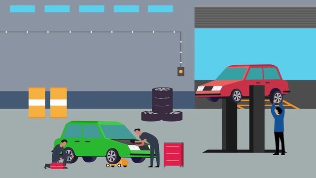 Professional Mechanics Working in an Auto Repair Shop cartoon animation