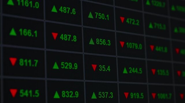 Monitor screen displaying stock price quotes with up and down arrows, stock quotes on a black background.