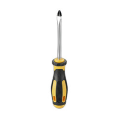 A close-up shot of a flathead screwdriver with a yellow and black handle.
