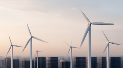 Sleek Futuristic Skyline with High-Tech Wind Turbines at Sunset Over Urban Landscape