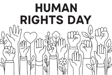 Vector artwork in black and white showing multiple clenched fists outlined in black, emphasizing courage, dignity, and collective empowerment for Human Rights Day.