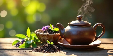 Aromatic Tea Brewing  Earthenware Teapot and Fresh Herbs on Rustic Wooden Surface