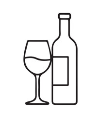 Elegant minimalist black and white vector illustration of a wine bottle and glass, outlined in black, symbolizing sophistication, class, and refined artistic style.