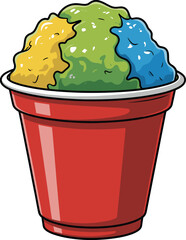 Colorful shaved ice dessert, summer treat in red cup, blue green yellow flavors, icy refreshment, tropical street food, frozen sweet, cartoon style illustration