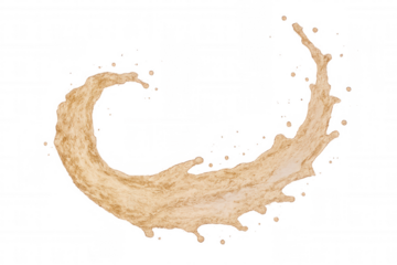 Light brown liquid arcing dynamically, creating translucent splash pattern with smooth curved trajectory against clean transparent surface