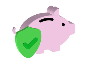 Simple 3D illustration of a piggy bank icon with a shield and a check mark. Transparent background, PNG format.