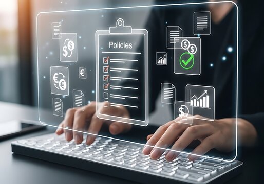 Person typing on keyboard with digital policies and data