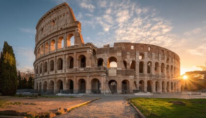Naklejka premium Majestic Colosseum at sunrise, showcasing intricate stonework and dramatic light.