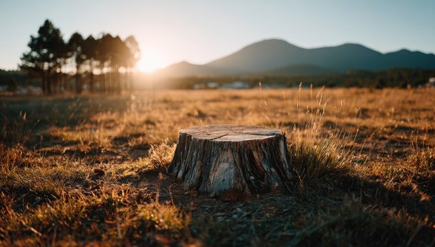 A weathered tree stump sits in a golden field at sunset, with distant mountains and pine trees silhouetted against the vibrant light