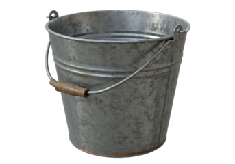 Isolated Galvanized Metal Bucket with Rustic Wood Handle, Vintage Style Pail for Water or Garden Use, Antique Gray with Rust Texture Against White Background