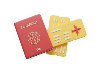 Isolated concept illustration of a passport and a stack of yellow boarding pass tickets with white slots and a red airplane icon on the top ticket symbolizing travel and international passage