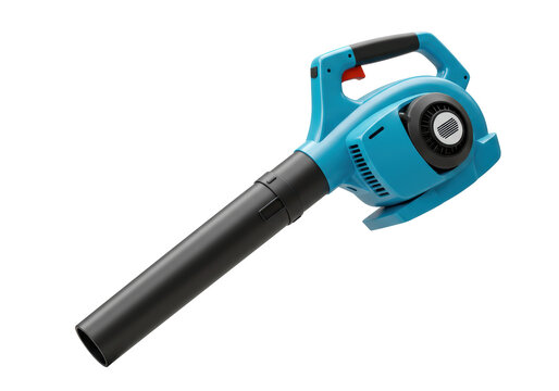 Isolated Blue Electric Leaf Blower with Black Nozzle for Yard Work and Garden Maintenance, Emitting Powerful Airflow for Cleaning and Landscape Upkeep on White Background