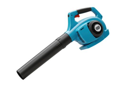 Isolated Blue Electric Leaf Blower with Black Nozzle for Yard Work and Garden Maintenance, Emitting Powerful Airflow for Cleaning and Landscape Upkeep on White Background