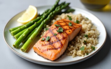Balanced High-Protein Dinner Plate with Grilled Salmon,Asparagus,and Quinoa Pilaf on Neutral Surface. High quality