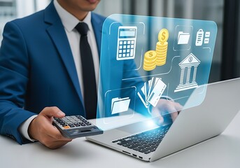 Businessman using laptop with financial technology icons overlay