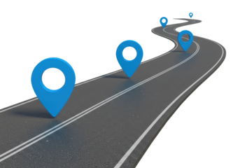 Isolated winding road with location pins indicating destinations, concept of navigation, travel, and journey