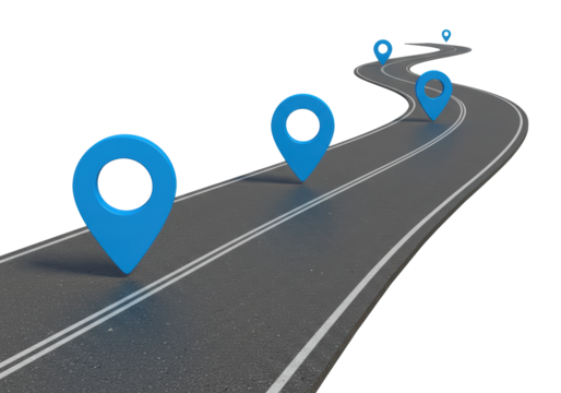 Isolated winding road with location pins indicating destinations, concept of navigation, travel, and journey