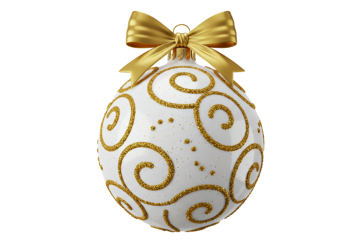 Isolated White Christmas Ornament with Golden Glitter Swirls and Shiny Golden Bow Hanging Against a Clean White Backdrop