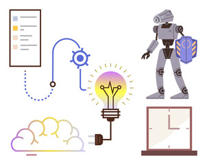 Robot holding shield, data flow chart, glowing light bulb with plug, cloud, clock. Ideal for technology, innovation, automation creativity time management data analysis digital security. Simple