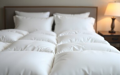 white soft duvet on background of headboard with pillows, bedside table with bedside lamp ,close-up,concept of preparation for winter season, household chores,comfort in the house,hotel,home textiles