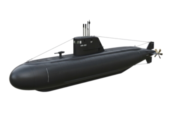 Isolated Detailed Render of a Sleek Black Submarine With Visible Propellers and Intricate Details, Floating Against a White Background