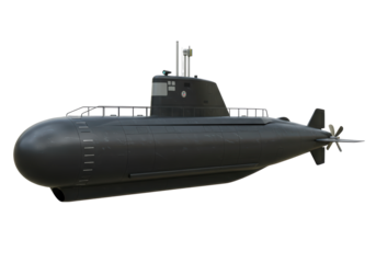 Isolated Detailed Illustration of a Dark Gray Submarine with Propellers and Top Deck in 3/4 View