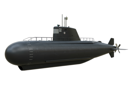 Isolated Detailed Illustration of a Dark Gray Submarine with Propellers and Top Deck in 3/4 View