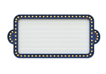 Isolated illuminated vintage theater sign with a blank white surface and a frame of shining yellow lights, 