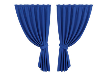 Isolated pair of neatly tied cobalt blue curtains, elegantly draped and ready to adorn a window, set against a pristine white background
