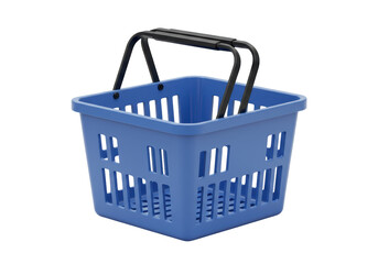 Isolated Blue Plastic Shopping Basket with Black Handles, Close-Up View, Perfect for Grocery Shopping and Retail Use