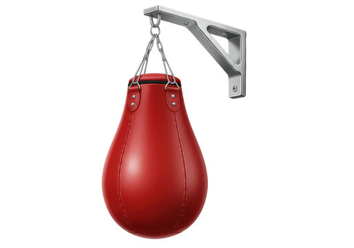 Isolated Red Leather Speed Bag Hanging from a Metal Bracket with Silver Chains on a White Backdrop for Boxing or Fitness Training