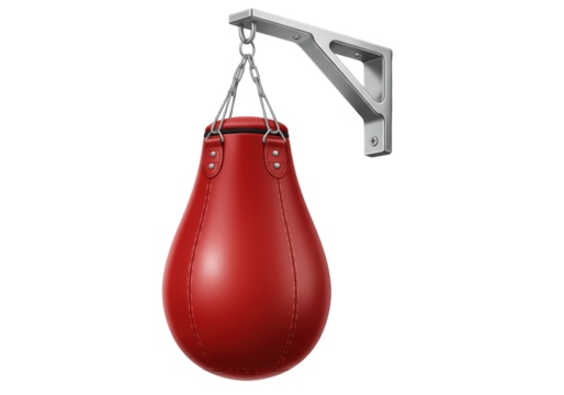 Isolated Red Leather Speed Bag Hanging from a Metal Bracket with Silver Chains on a White Backdrop for Boxing or Fitness Training