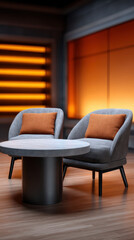 Fototapeta premium Modern studio setting for measuring customer service satisfaction. professional waiting room with two armchair and table creates calm space for discussion and feedback