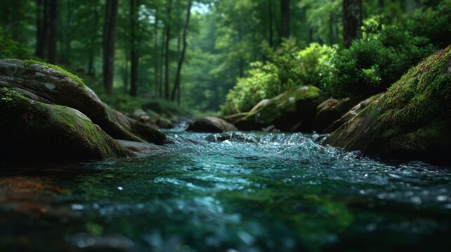 Tranquil Forest Stream: A clear stream of water gently flows through a dense forest, with lush greenery and moss-covered rocks enhancing the peaceful serenity.