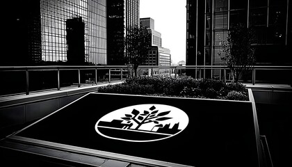 High-Contrast Black and White Urban Rooftop Garden with Eco-Friendly City and Tree Logo Amidst Modern Buildings