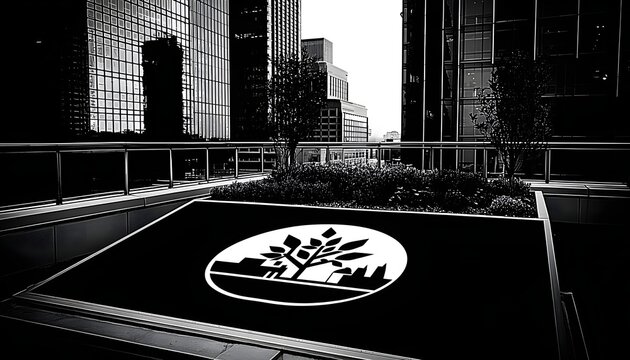 High-Contrast Black and White Urban Rooftop Garden with Eco-Friendly City and Tree Logo Amidst Modern Buildings