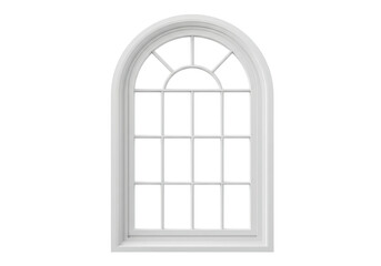 Isolated arched white window pane with multiple lights, frame, and sash, on white.