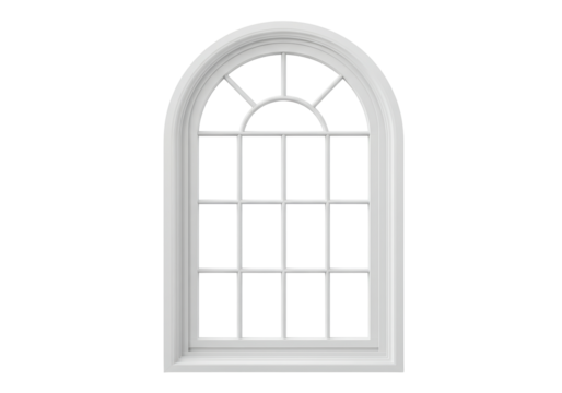 Isolated arched white window pane with multiple lights, frame, and sash, on white.