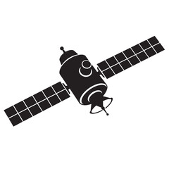 black and white silhouette of a vector satellite icon on a white background
