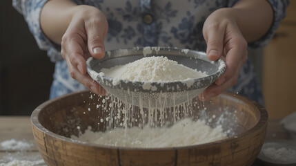 Slow motion shot of aged female hands sifting flour by sieve in wooden bowl.