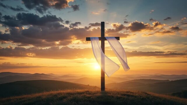 Majestic Sunset: Cross Silhouette, White Cloth Fluttering, Hopeful Resurrection