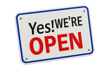 Isolated blue border open business sign with chrome mounting screws against white.