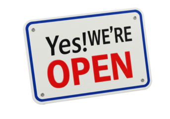 Isolated blue border open business sign with chrome mounting screws against white.