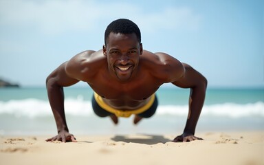 Portrait of a young black man doing push ups at the beach. High quality