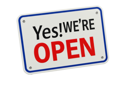 Isolated blue border open business sign with chrome mounting screws against white.