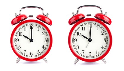 Two Red Alarm Clocks, Time Display, White Background